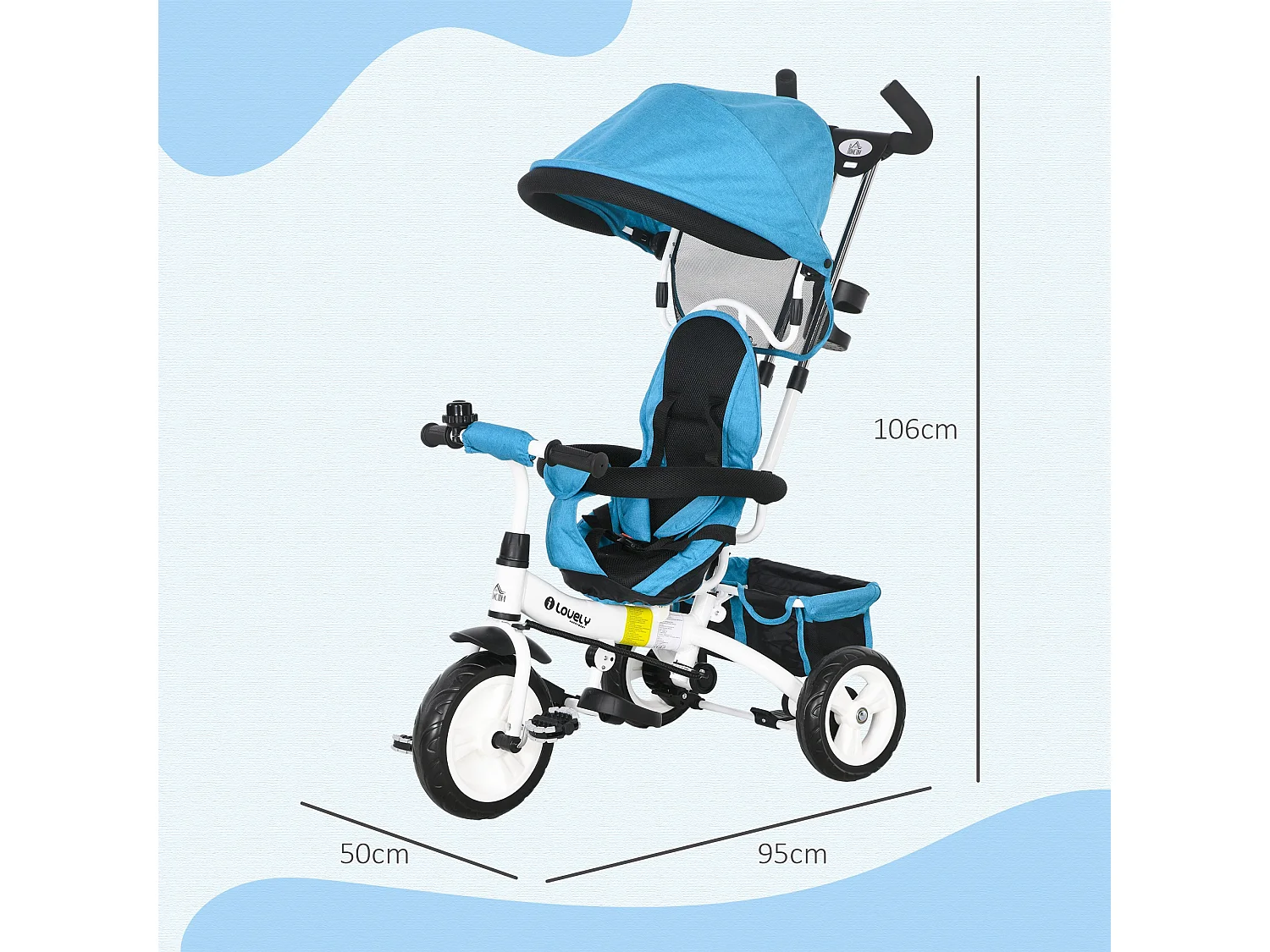Tricycle enfant évolutif pare-soleil pliable canne télescopique amovible acier bleu