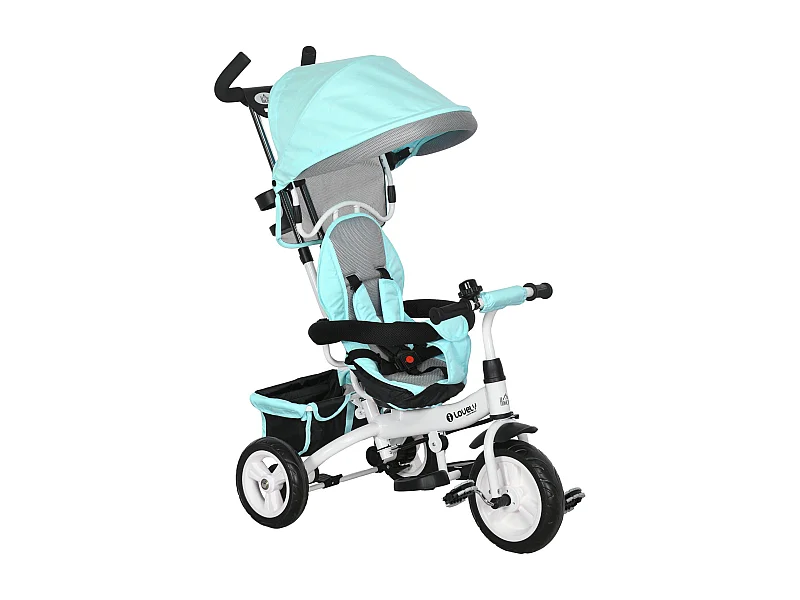 Tricycle enfant évolutif pare-soleil pliable canne télescopique amovible acier bleu turquoise