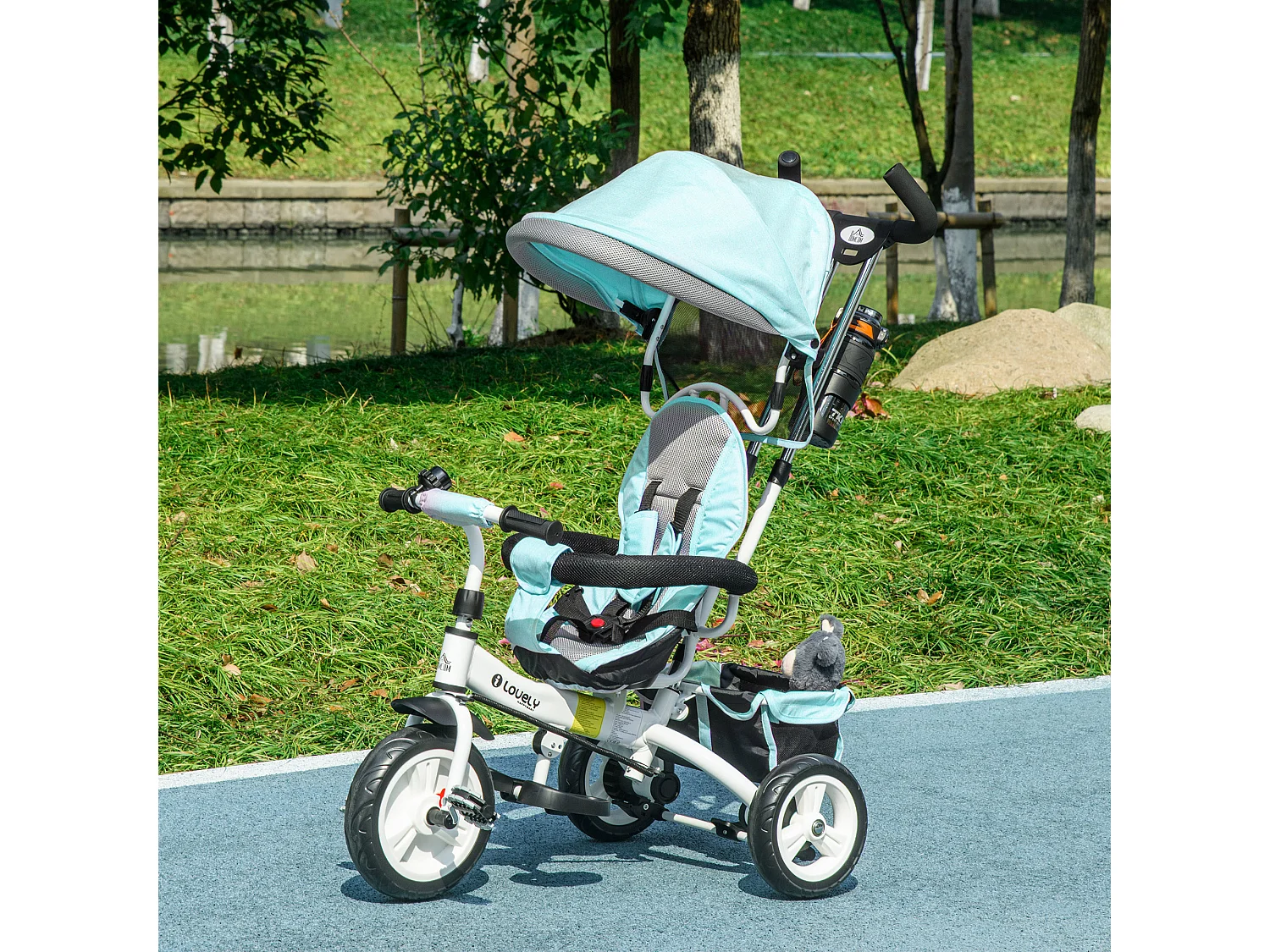 Tricycle enfant évolutif pare-soleil pliable canne télescopique amovible acier bleu turquoise