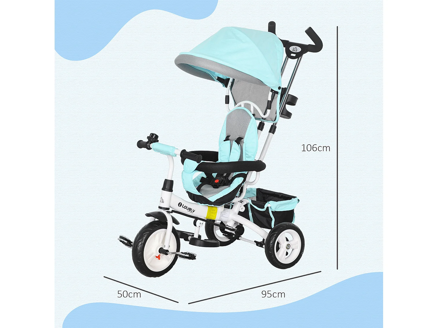 Tricycle enfant évolutif pare-soleil pliable canne télescopique amovible acier bleu turquoise