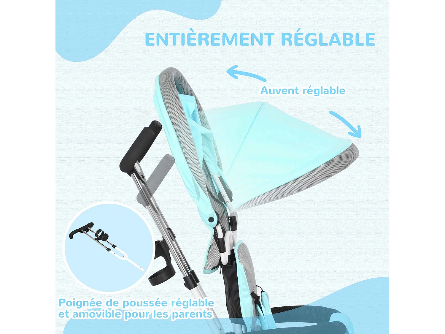 Tricycle enfant évolutif pare-soleil pliable canne télescopique amovible acier bleu turquoise