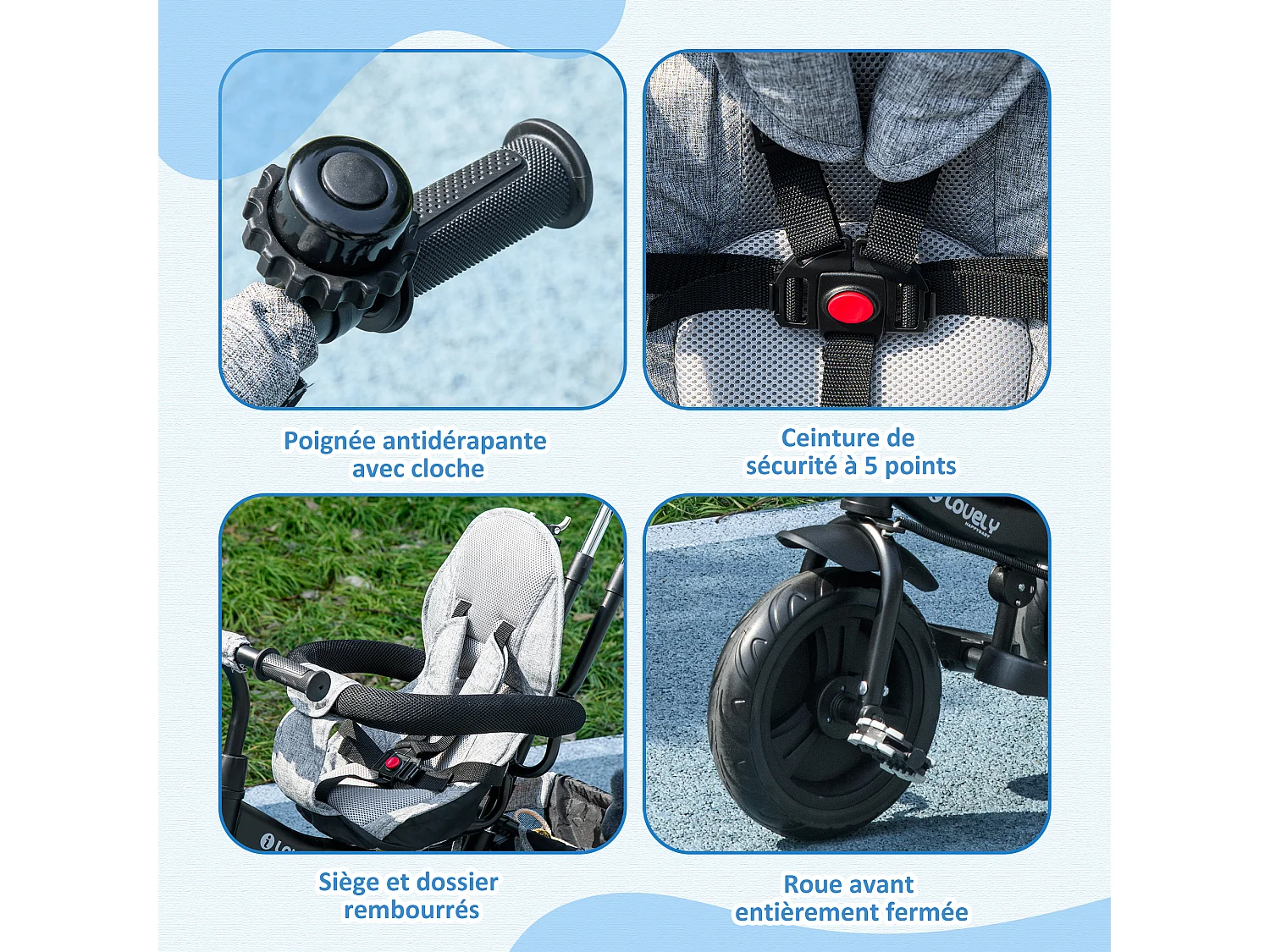 Tricycle enfant évolutif pare-soleil pliable canne télescopique amovible acier gris