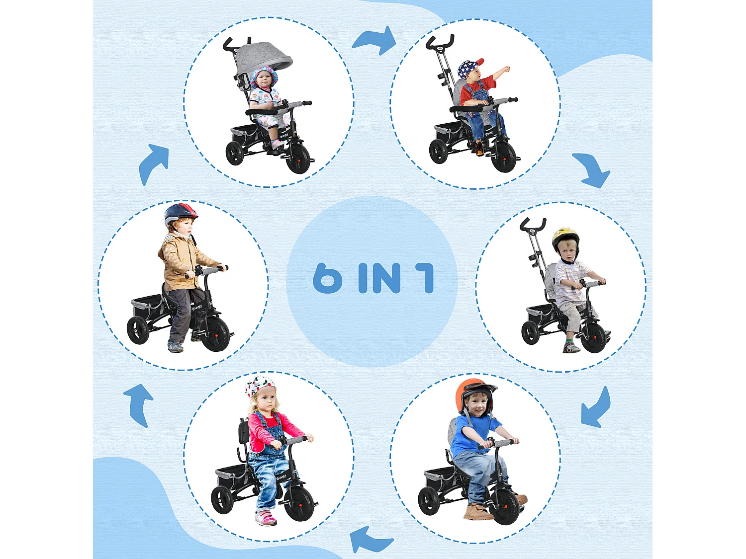 Tricycle enfant évolutif pare-soleil pliable canne télescopique amovible acier gris