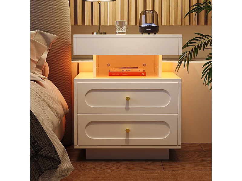 Nachttisch mit LED + 2 Schubladen + 1 offenes Staufach - 50 x 40 x 60 cm - Spanplatte - weiß