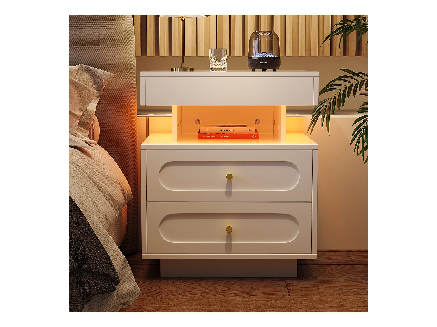 Nachttisch mit LED + 2 Schubladen + 1 offenes Staufach - 50 x 40 x 60 cm - Spanplatte - weiß