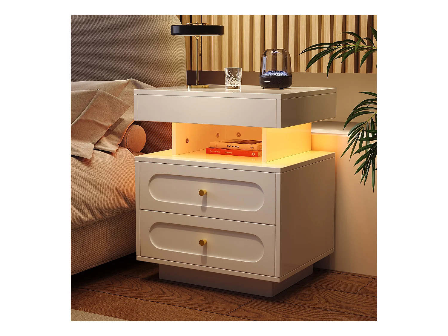 Nachttisch mit LED + 2 Schubladen + 1 offenes Staufach - 50 x 40 x 60 cm - Spanplatte - weiß