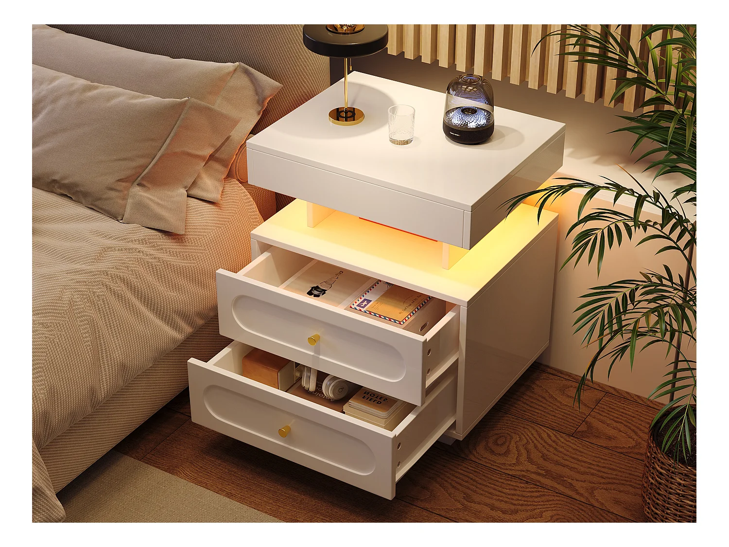 Nachttisch mit LED + 2 Schubladen + 1 offenes Staufach - 50 x 40 x 60 cm - Spanplatte - weiß