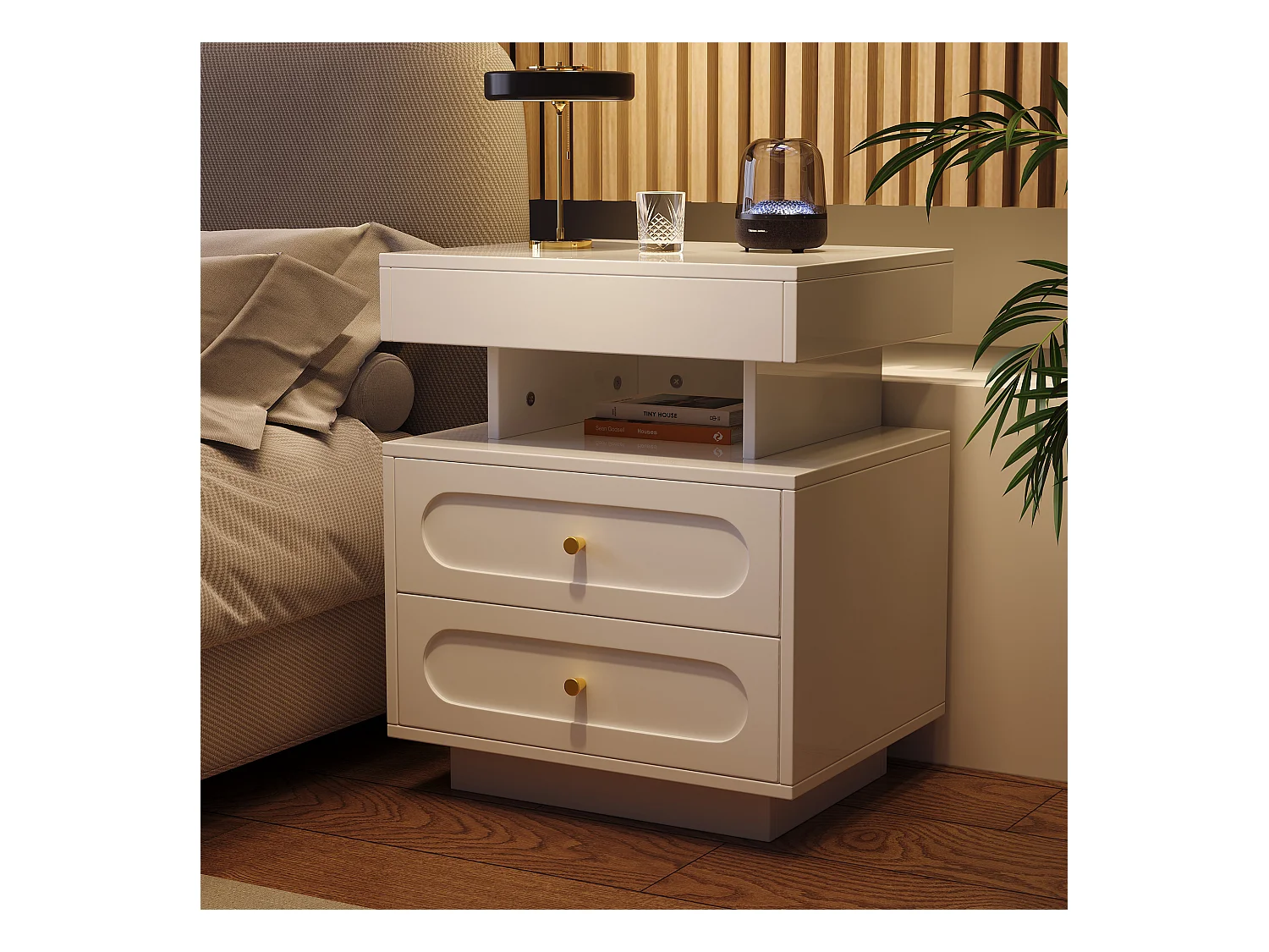 Nachttisch mit LED + 2 Schubladen + 1 offenes Staufach - 50 x 40 x 60 cm - Spanplatte - weiß