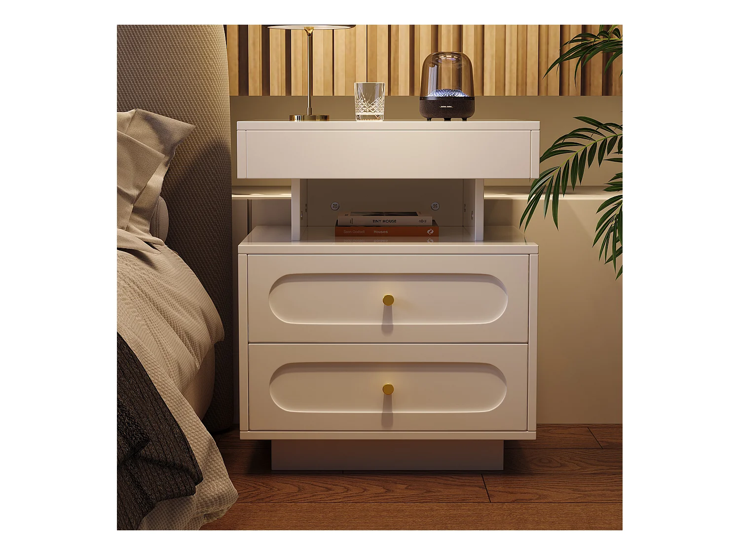 Nachttisch mit LED + 2 Schubladen + 1 offenes Staufach - 50 x 40 x 60 cm - Spanplatte - weiß