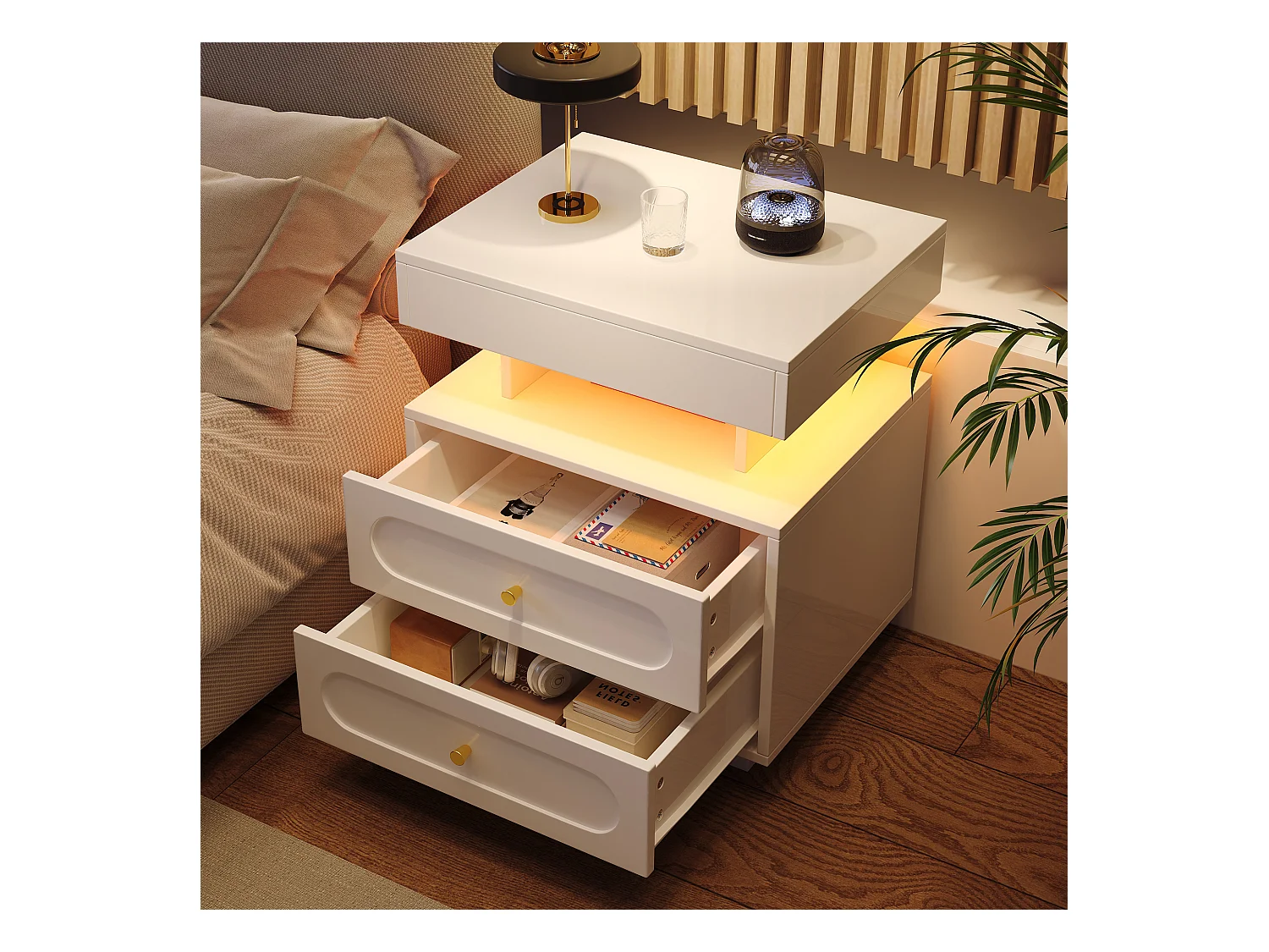 Nachttisch mit LED + 2 Schubladen + 1 offenes Staufach - 50 x 40 x 60 cm - Spanplatte - weiß