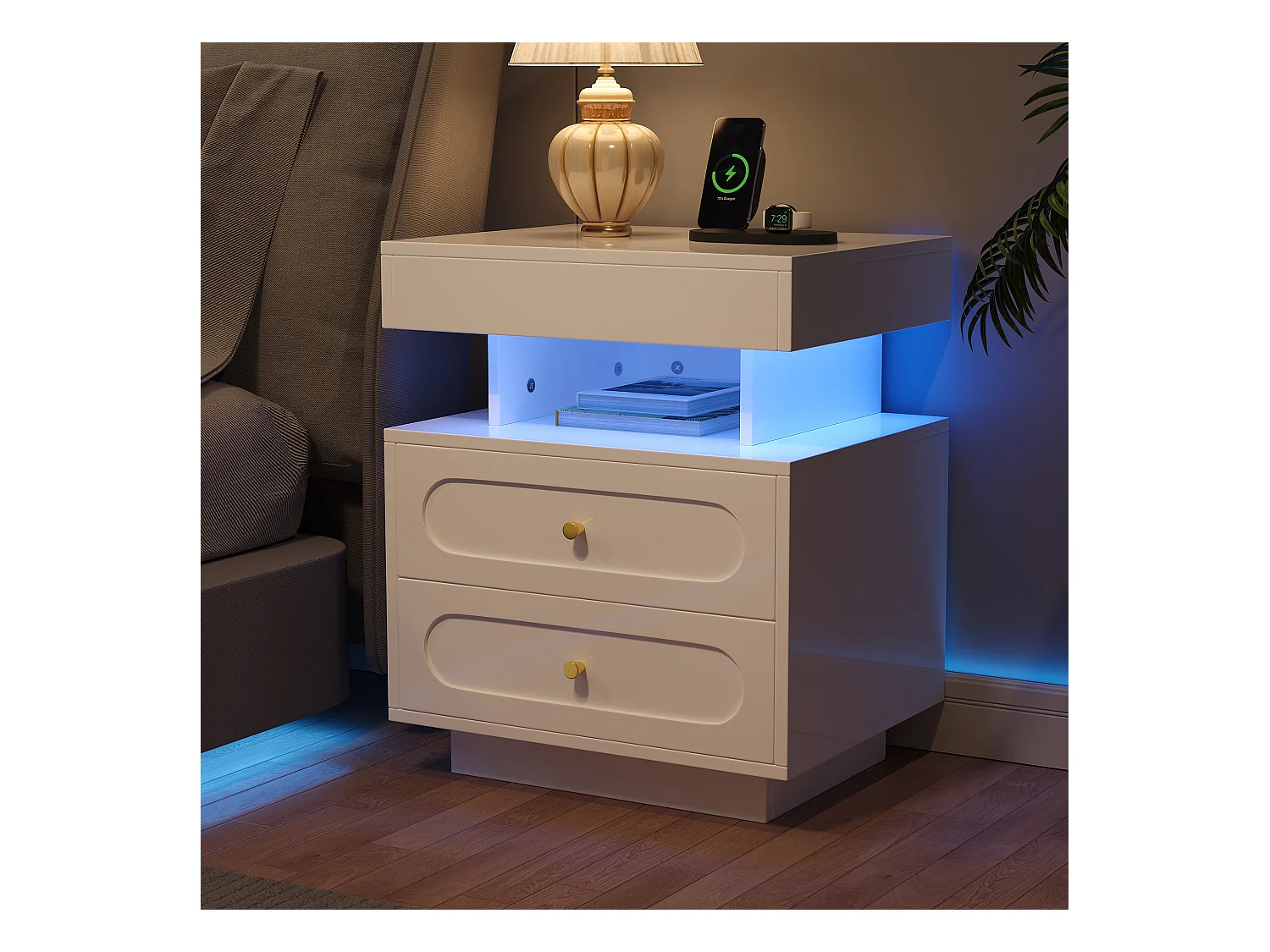 Nachttisch mit LED + 2 Schubladen + 1 offenes Staufach - 50 x 40 x 60 cm - Spanplatte - weiß