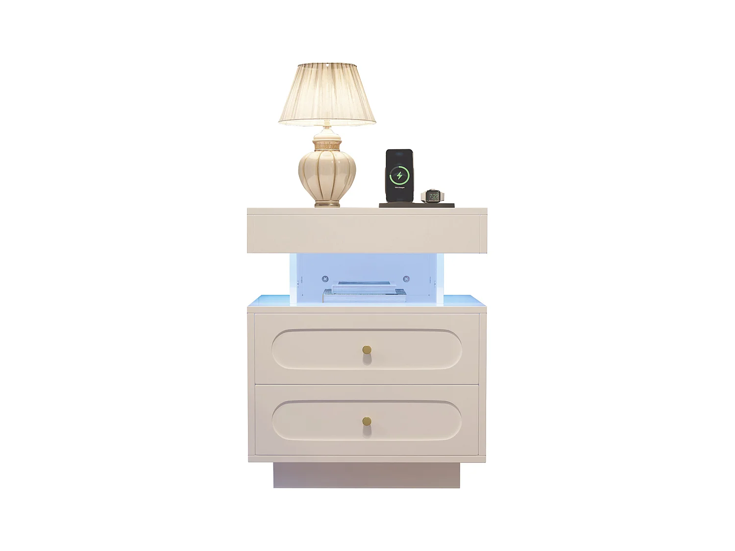 Nachttisch mit LED + 2 Schubladen + 1 offenes Staufach - 50 x 40 x 60 cm - Spanplatte - weiß