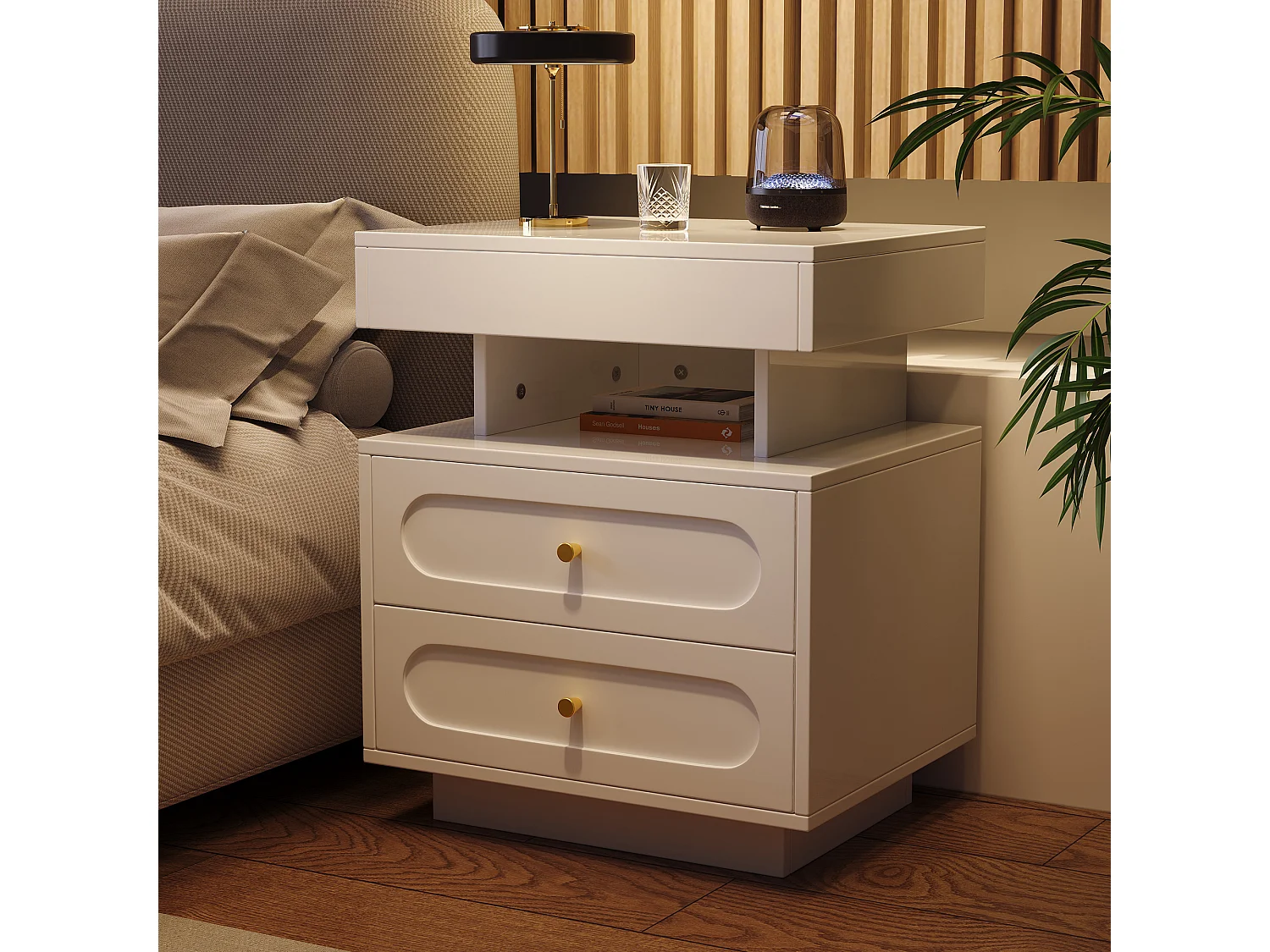 Table de chevet avec Led + 2 tiroirs + 1 rangement ouvert - 50 x 40 x 60 cm - aggloméré - blanc