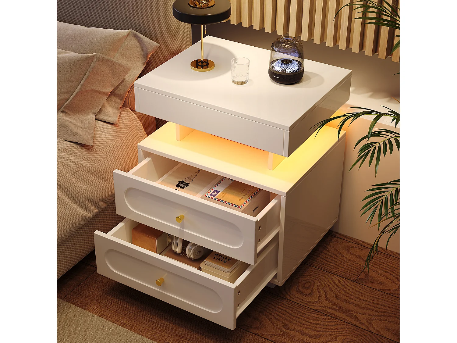 Table de chevet avec Led + 2 tiroirs + 1 rangement ouvert - 50 x 40 x 60 cm - aggloméré - blanc
