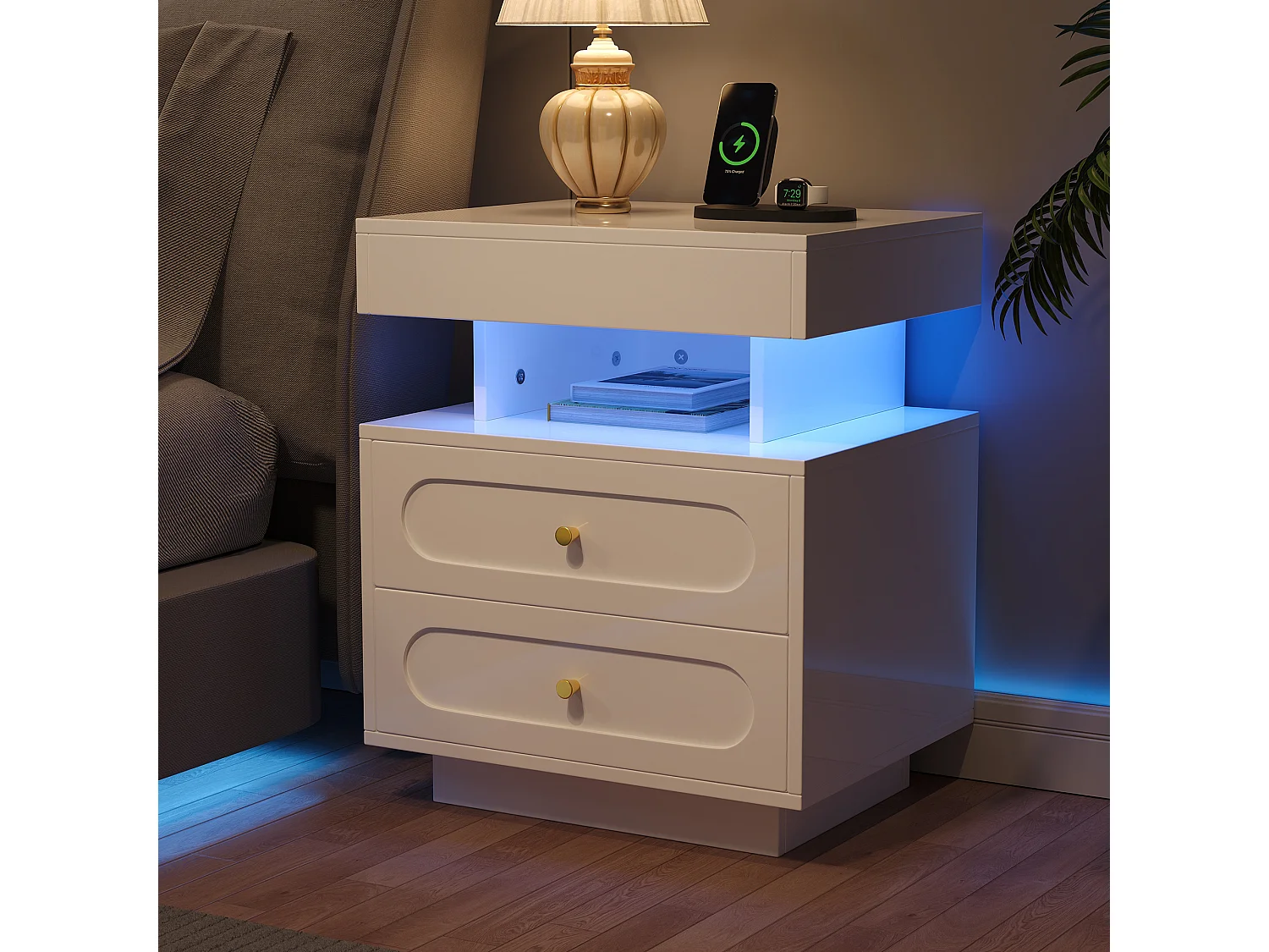 Table de chevet avec Led + 2 tiroirs + 1 rangement ouvert - 50 x 40 x 60 cm - aggloméré - blanc