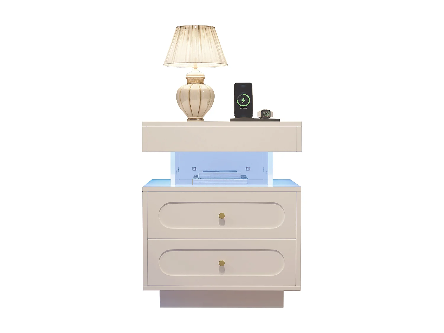 Table de chevet avec Led + 2 tiroirs + 1 rangement ouvert - 50 x 40 x 60 cm - aggloméré - blanc