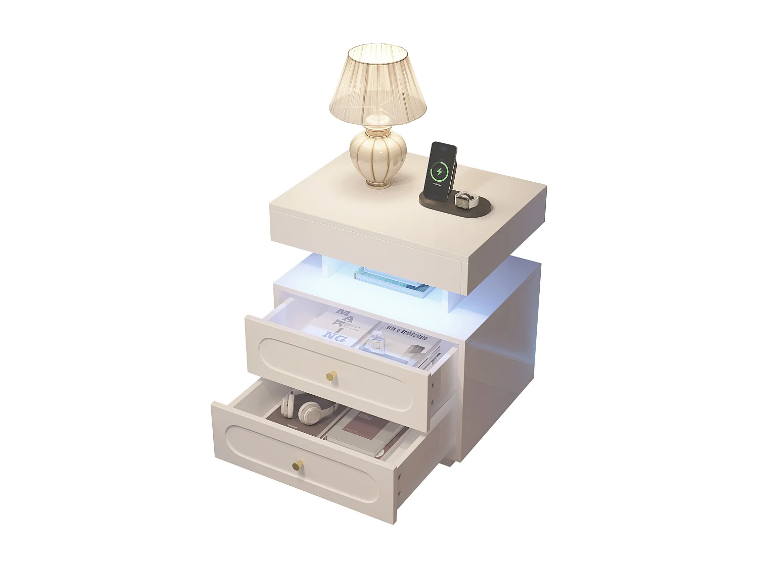 Table de chevet avec Led + 2 tiroirs + 1 rangement ouvert - 50 x 40 x 60 cm - aggloméré - blanc