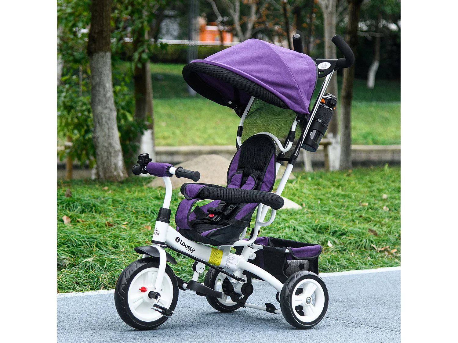 Tricycle enfant évolutif pare-soleil pliable canne télescopique amovible acier violet
