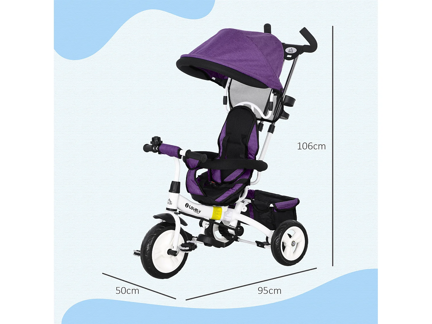 Tricycle enfant évolutif pare-soleil pliable canne télescopique amovible acier violet