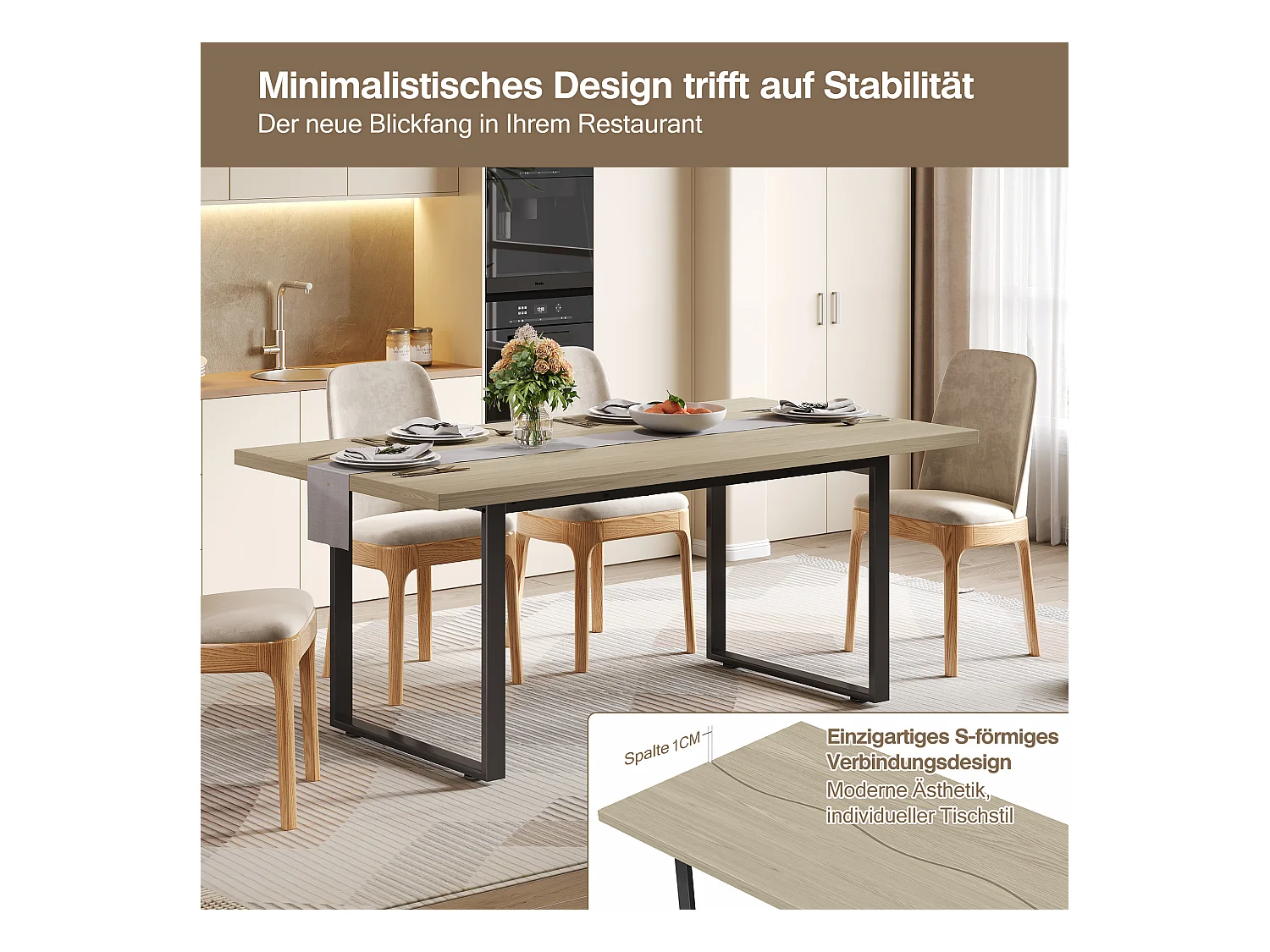 Table de cuisine en bois pour 6 à 8 personnes - 160 x 80 x 75 cm - structure en métal - MDF - naturel clair