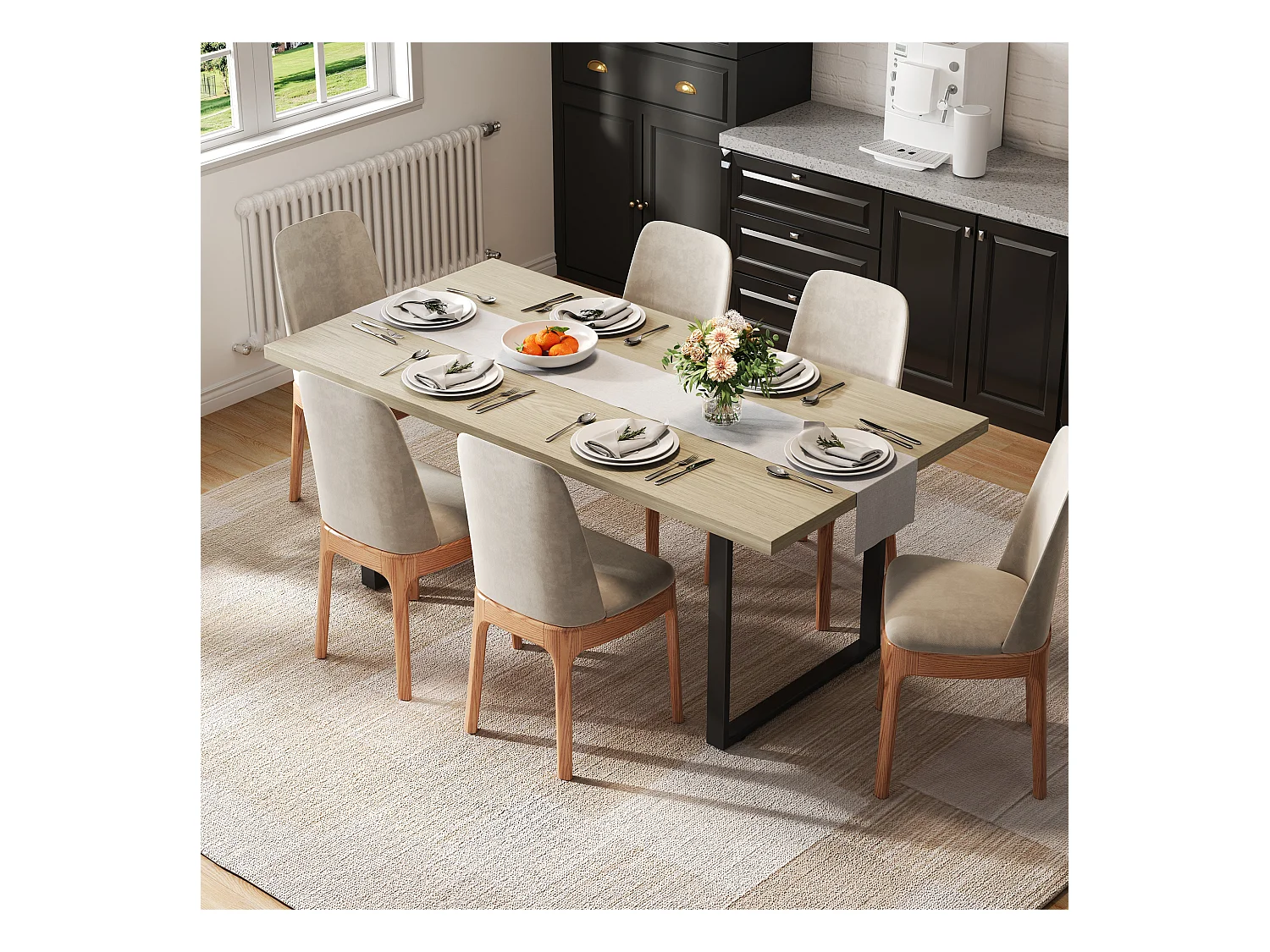 Table de cuisine en bois pour 6 à 8 personnes - 160 x 80 x 75 cm - structure en métal - MDF - naturel clair