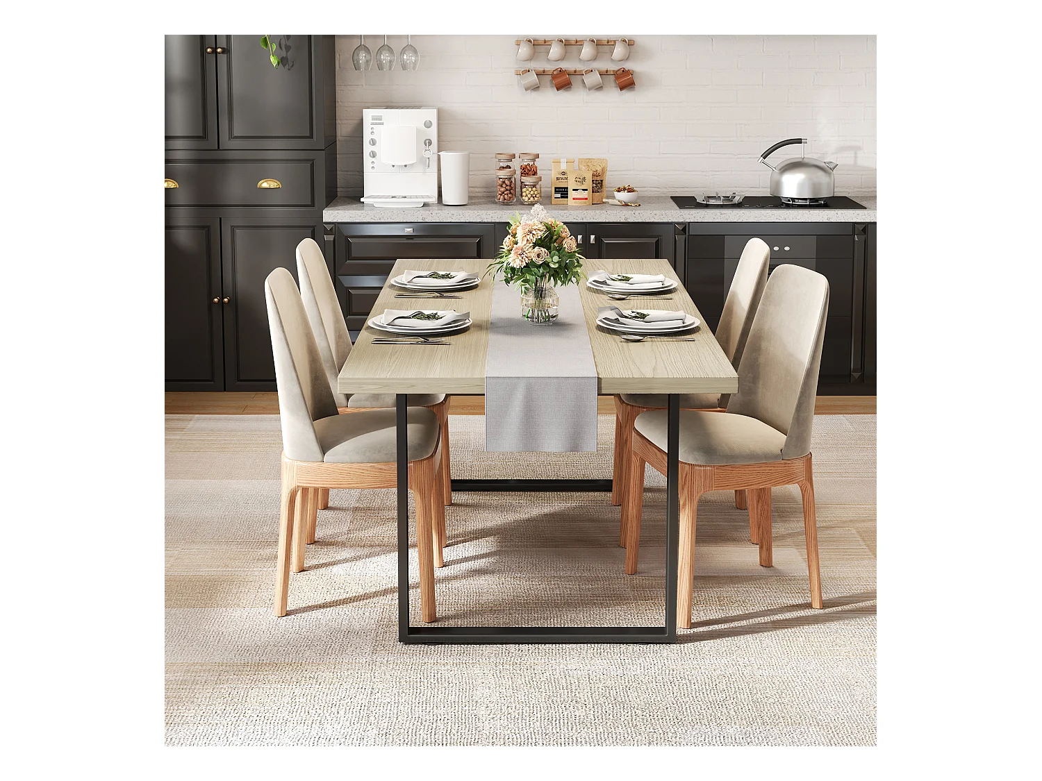 Table de cuisine en bois pour 6 à 8 personnes - 160 x 80 x 75 cm - structure en métal - MDF - naturel clair