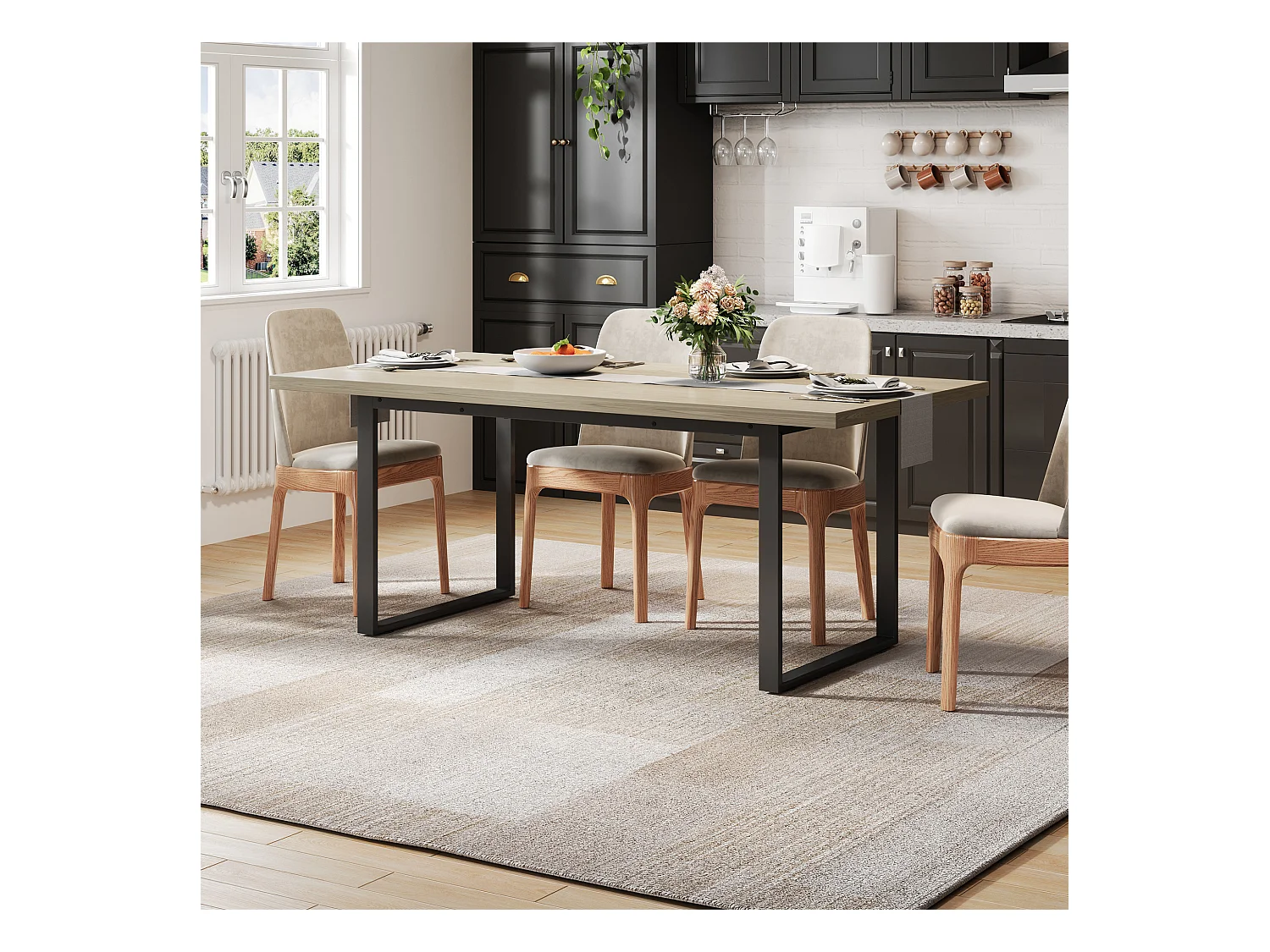 Table de cuisine en bois pour 6 à 8 personnes - 160 x 80 x 75 cm - structure en métal - MDF - naturel clair