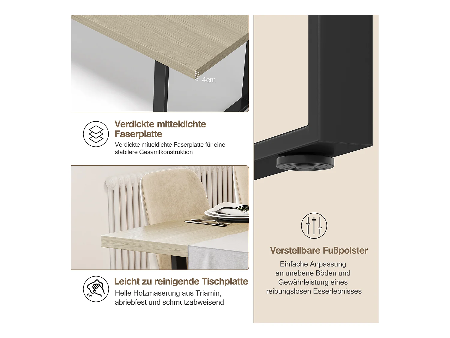 Küchentisch aus Holz für 6 bis 8 Personen - 160 x 80 x 75 cm - Metallgestell - MDF - Natur hell