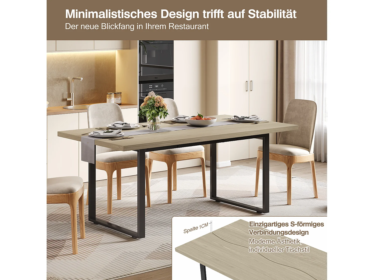 Küchentisch aus Holz für 6 bis 8 Personen - 160 x 80 x 75 cm - Metallgestell - MDF - Natur hell