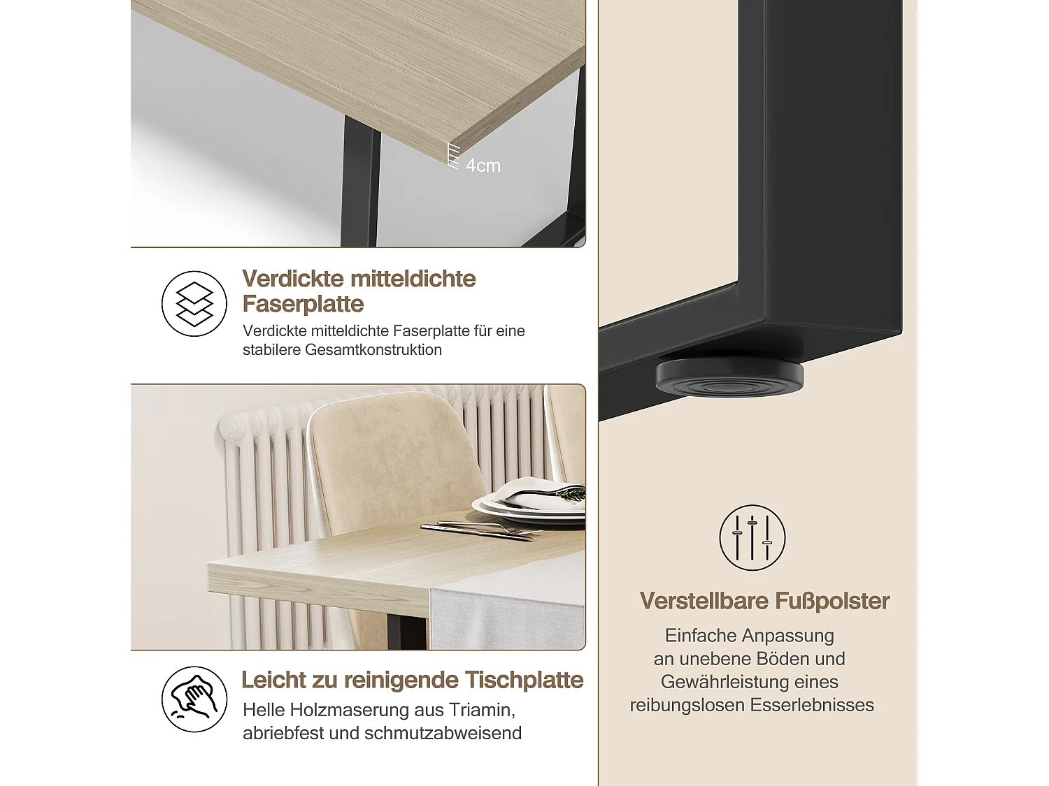 Küchentisch aus Holz für 6 bis 8 Personen - 160 x 80 x 75 cm - Metallgestell - MDF - Natur hell