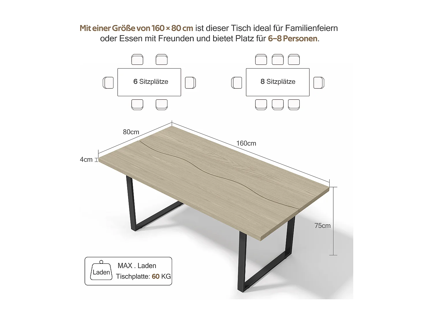 Küchentisch aus Holz für 6 bis 8 Personen - 160 x 80 x 75 cm - Metallgestell - MDF - Natur hell