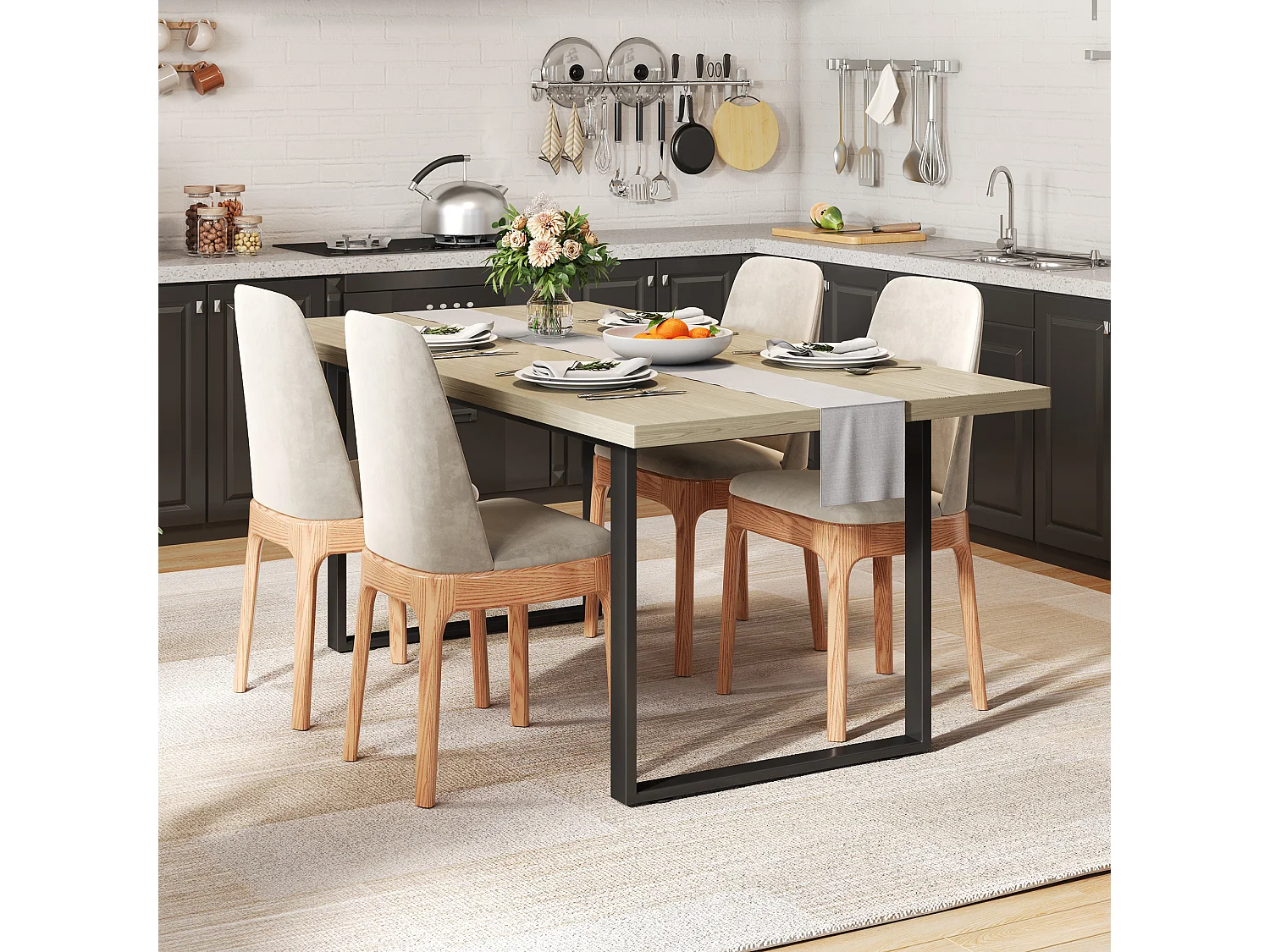 Küchentisch aus Holz für 6 bis 8 Personen - 160 x 80 x 75 cm - Metallgestell - MDF - Natur hell