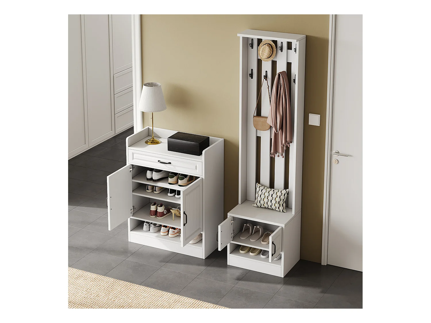 Conjunto de guarda-roupa com sapateira e sapateira + 8 ganchos + 4 portas + 1 gaveta - aglomerado - branco