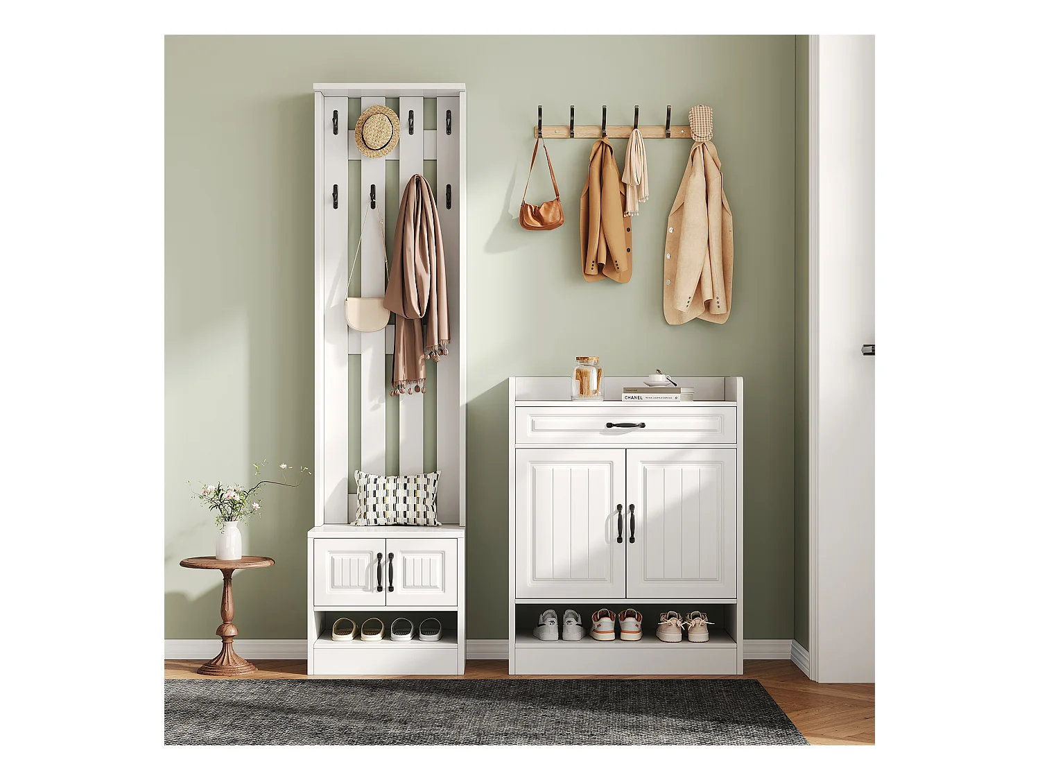 Conjunto de guarda-roupa com sapateira e sapateira + 8 ganchos + 4 portas + 1 gaveta - aglomerado - branco