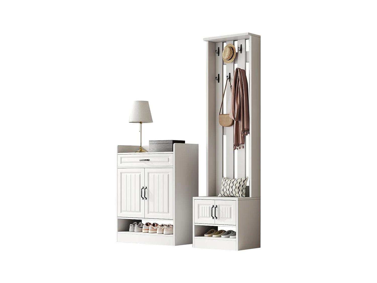 Conjunto de guarda-roupa com sapateira e sapateira + 8 ganchos + 4 portas + 1 gaveta - aglomerado - branco