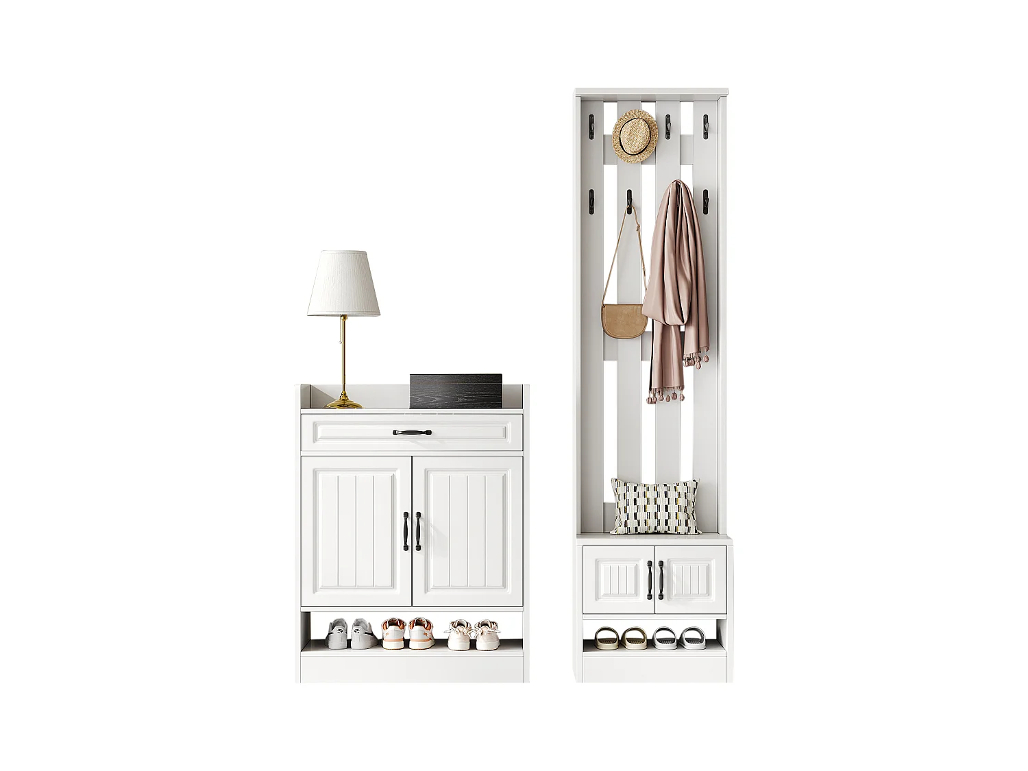 Conjunto de guarda-roupa com sapateira e sapateira + 8 ganchos + 4 portas + 1 gaveta - aglomerado - branco