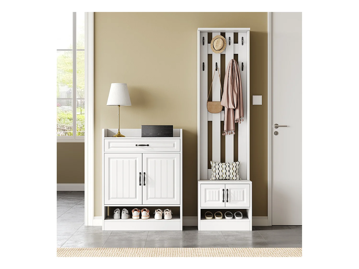 Ensemble de garde-robe avec banc à chaussures et meuble à chaussures + 8 crochets + 4 portes + 1 tiroir - aggloméré - blanc