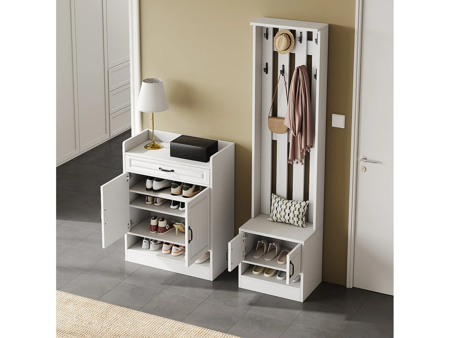 Kledingkastset met schoenenbank en schoenenkast + 8 haken + 4 deuren + 1 lade - spaanplaat - wit