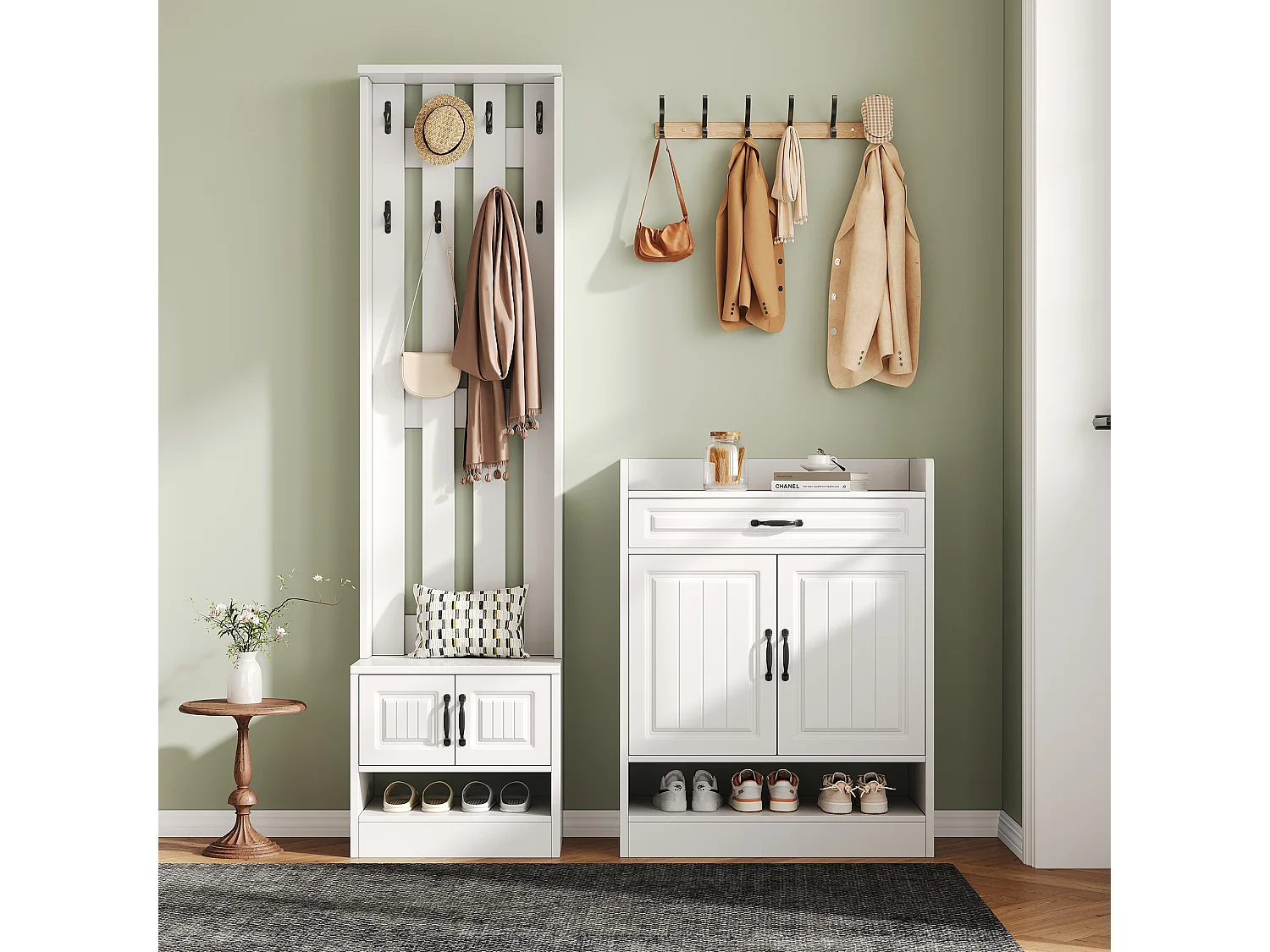 Kledingkastset met schoenenbank en schoenenkast + 8 haken + 4 deuren + 1 lade - spaanplaat - wit