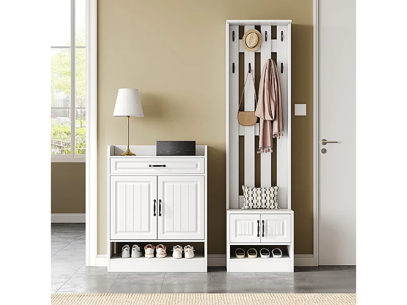 Kledingkastset met schoenenbank en schoenenkast + 8 haken + 4 deuren + 1 lade - spaanplaat - wit