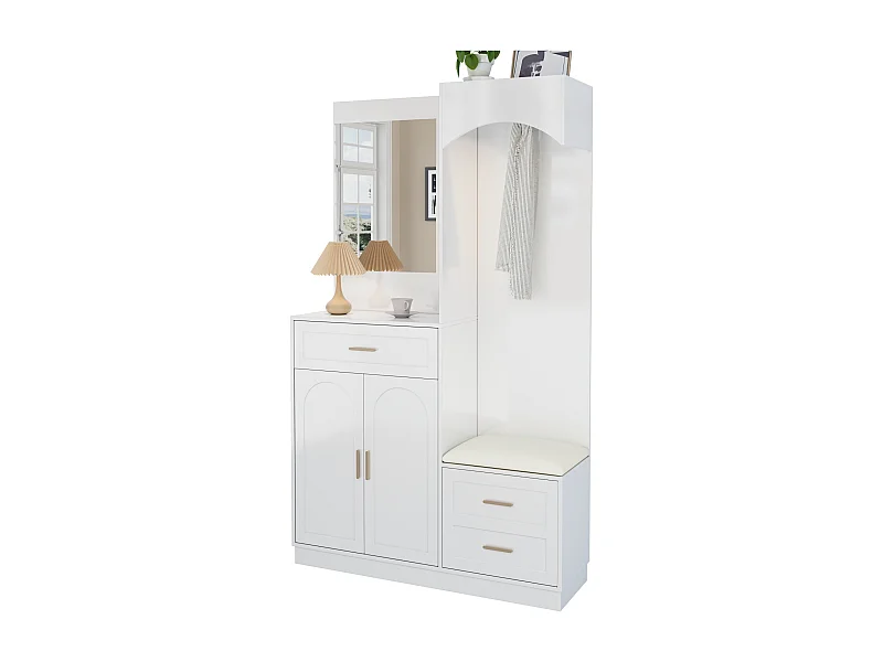 Szafa/kombinacja szafy i szafki na buty z lustrem + 1 szuflada + 3 drzwi - 110 x 33 x 185,5 - MDF - biały