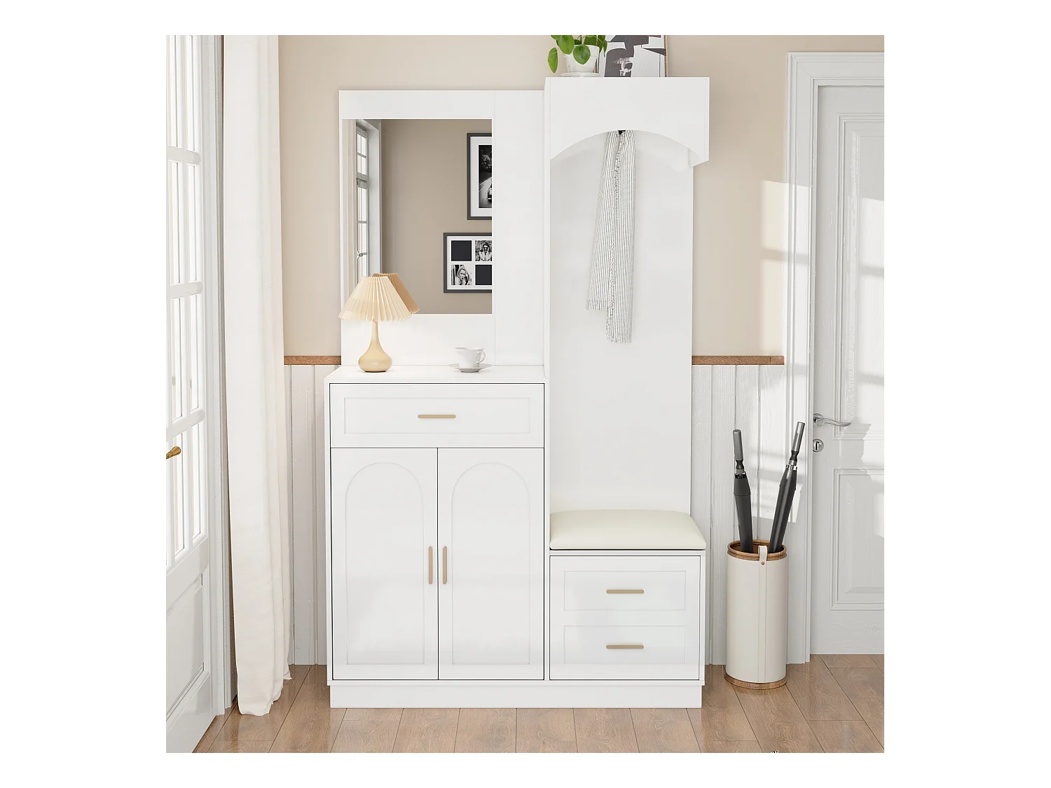 Vestiaire/combinaison armoire et meuble à chaussures avec miroir + 1 tiroir + 3 portes - 110 x 33 x 185.5 - MDF - blanc