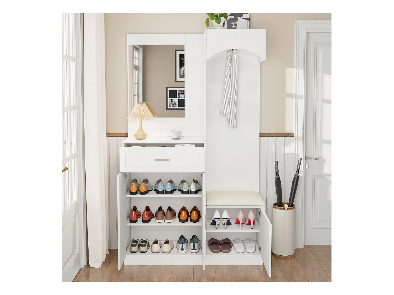 Vestiaire/combinaison armoire et meuble à chaussures avec miroir + 1 tiroir + 3 portes - 110 x 33 x 185.5 - MDF - blanc