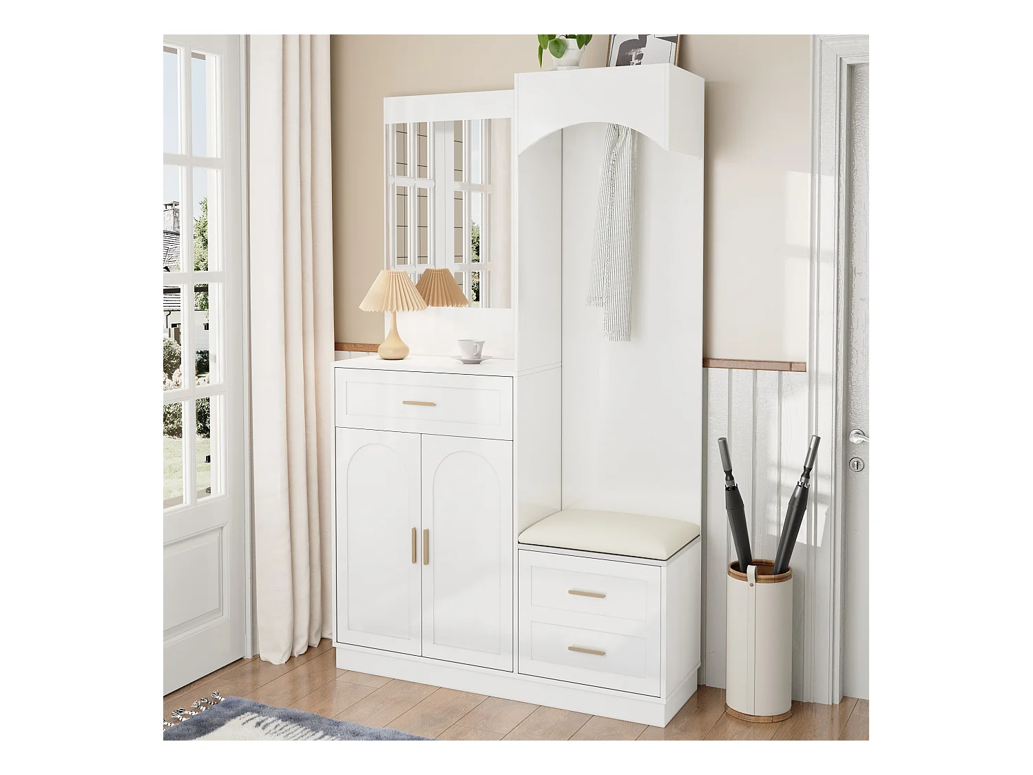 Vestiaire/combinaison armoire et meuble à chaussures avec miroir + 1 tiroir + 3 portes - 110 x 33 x 185.5 - MDF - blanc