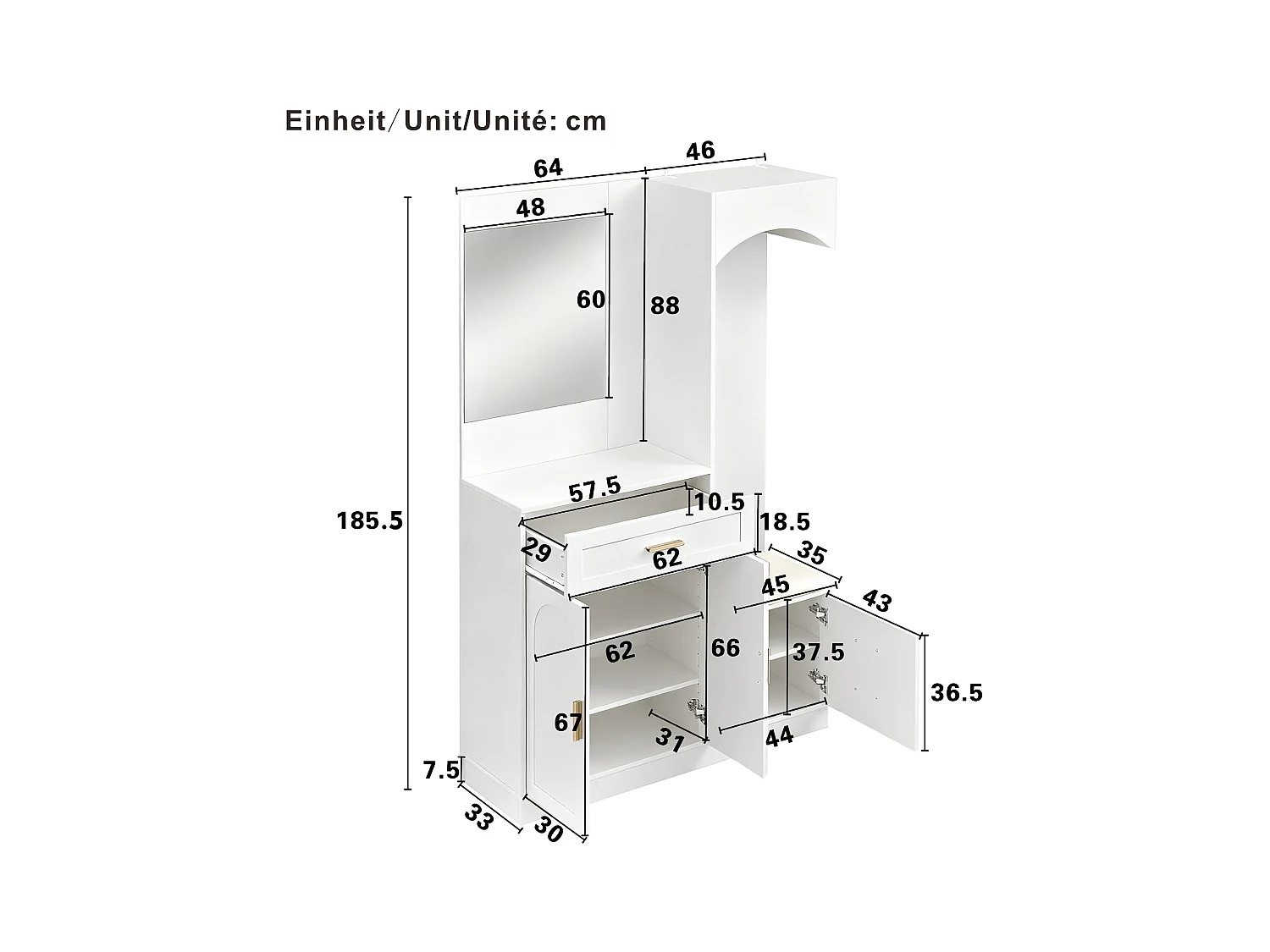 Vestiaire/combinaison armoire et meuble à chaussures avec miroir + 1 tiroir + 3 portes - 110 x 33 x 185.5 - MDF - blanc