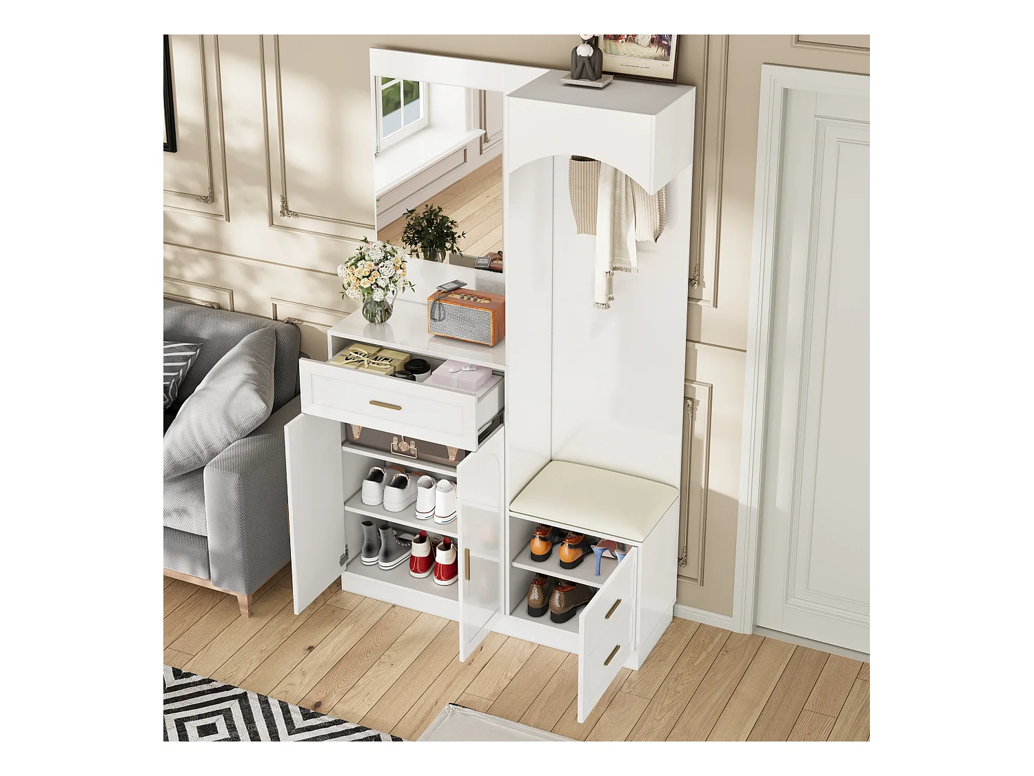 Vestiaire/combinaison armoire et meuble à chaussures avec miroir + 1 tiroir + 3 portes - 110 x 33 x 185.5 - MDF - blanc