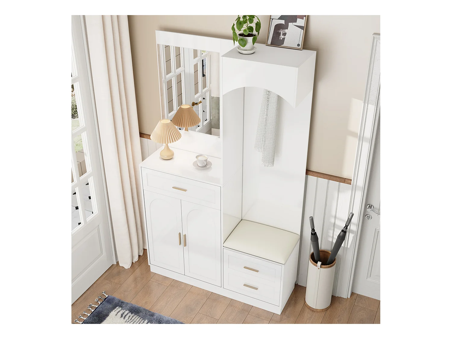 Vestiaire/combinaison armoire et meuble à chaussures avec miroir + 1 tiroir + 3 portes - 110 x 33 x 185.5 - MDF - blanc