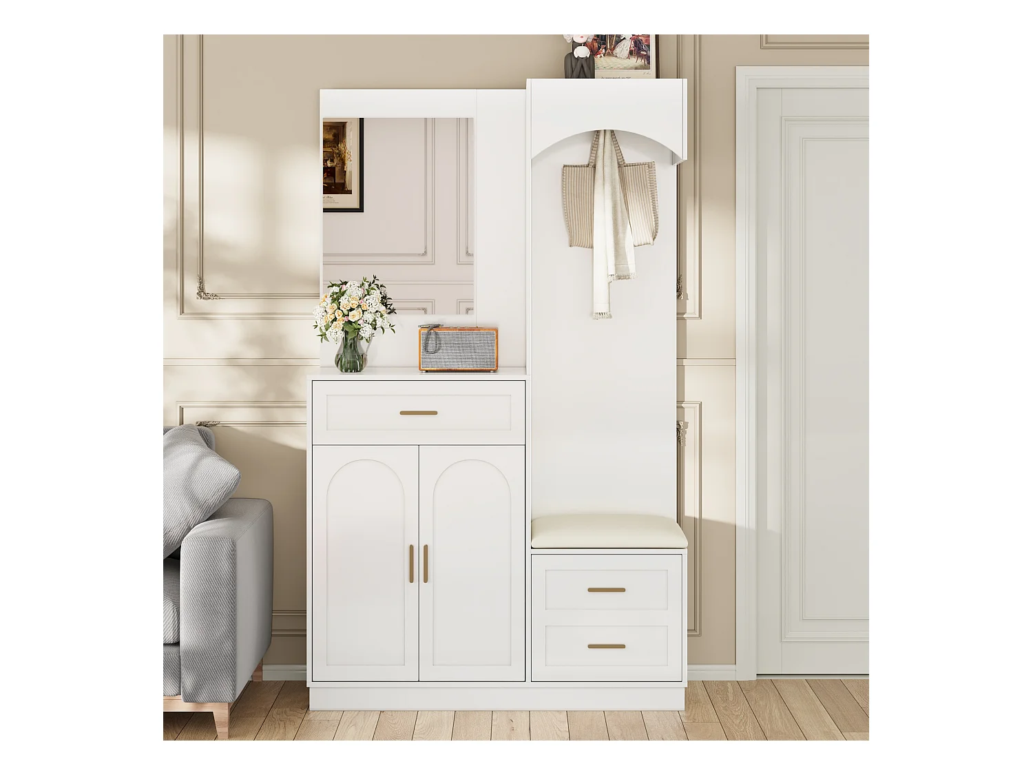 Vestiaire/combinaison armoire et meuble à chaussures avec miroir + 1 tiroir + 3 portes - 110 x 33 x 185.5 - MDF - blanc