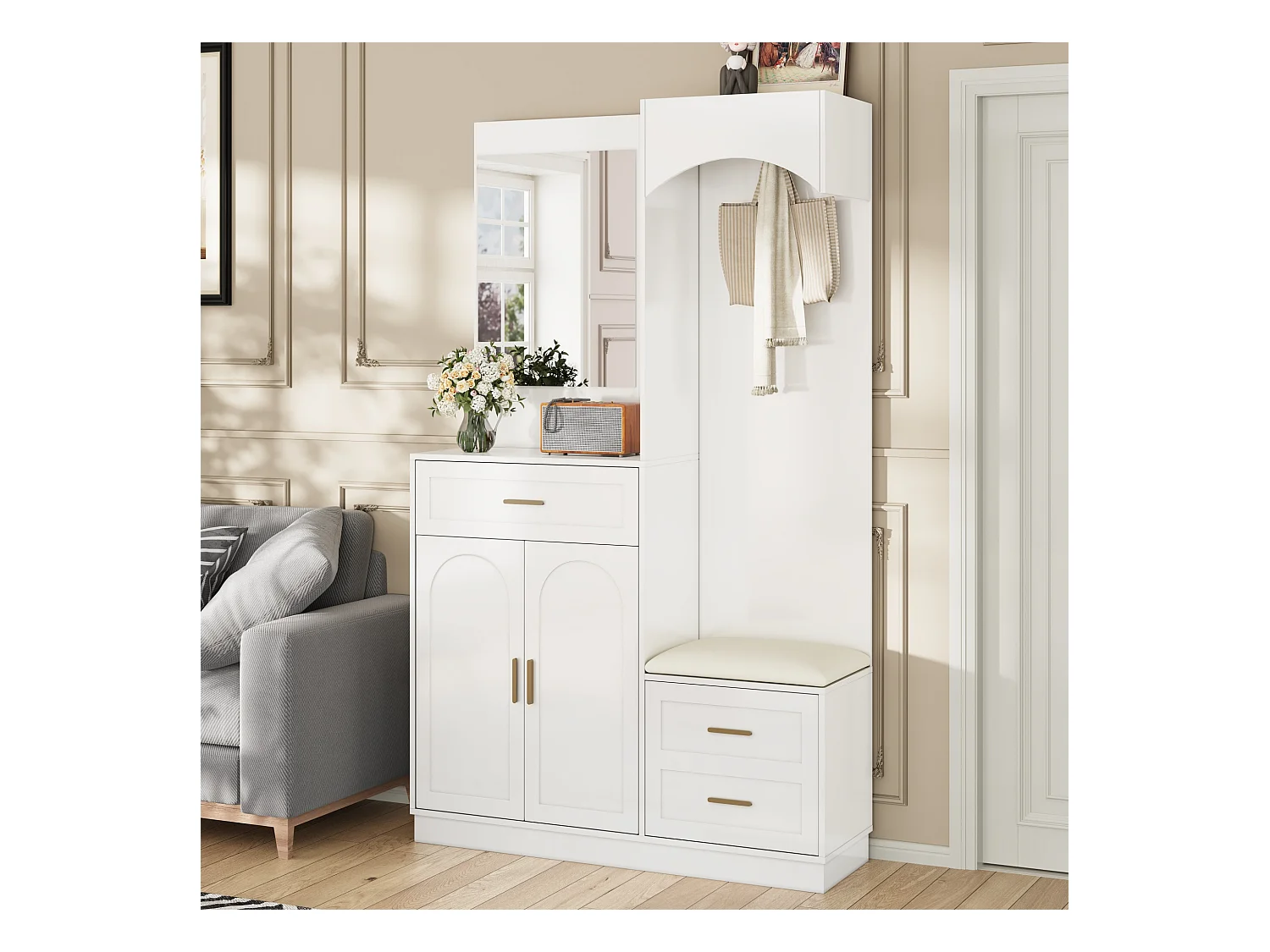 Vestiaire/combinaison armoire et meuble à chaussures avec miroir + 1 tiroir + 3 portes - 110 x 33 x 185.5 - MDF - blanc