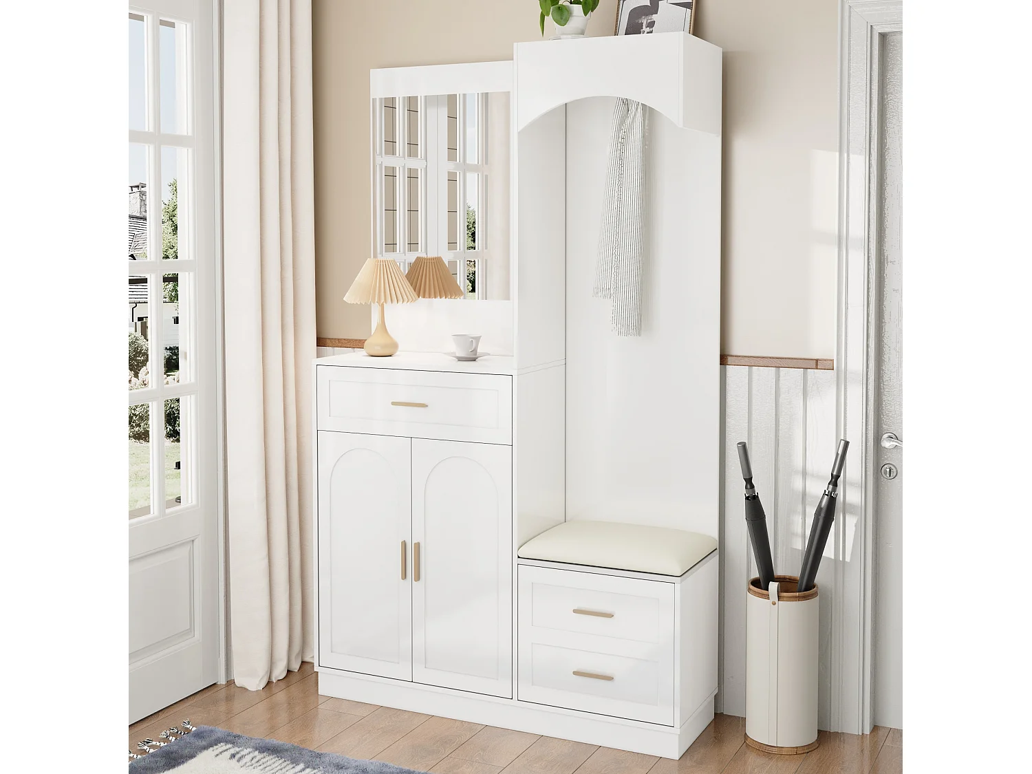 Vestiaire/combinaison armoire et meuble à chaussures avec miroir + 1 tiroir + 3 portes - 110 x 33 x 185.5 - MDF - blanc